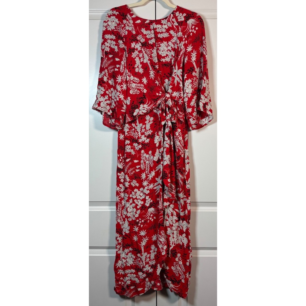 Topshop Womens Kimono Midi Dress Red White Floral Leaf Fern Knot Front Keyhole 6